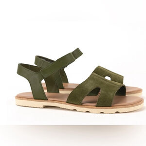 Sorel Ella III Olive Army Green Suede Leather Womens Comfort Sandals Size 9